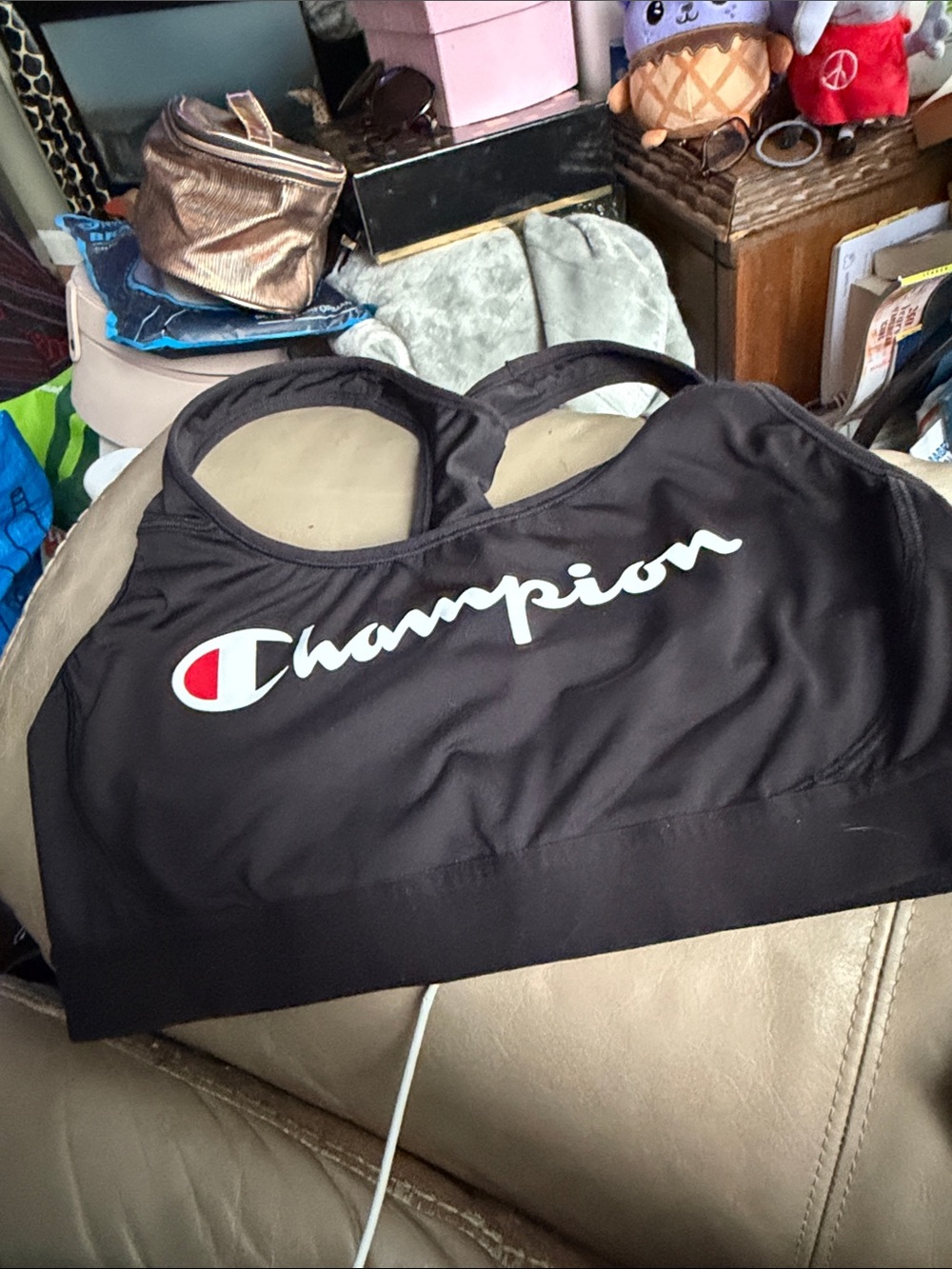 Champion Black Sports Wireless Bra with White Logo and Red Accent Size 2X